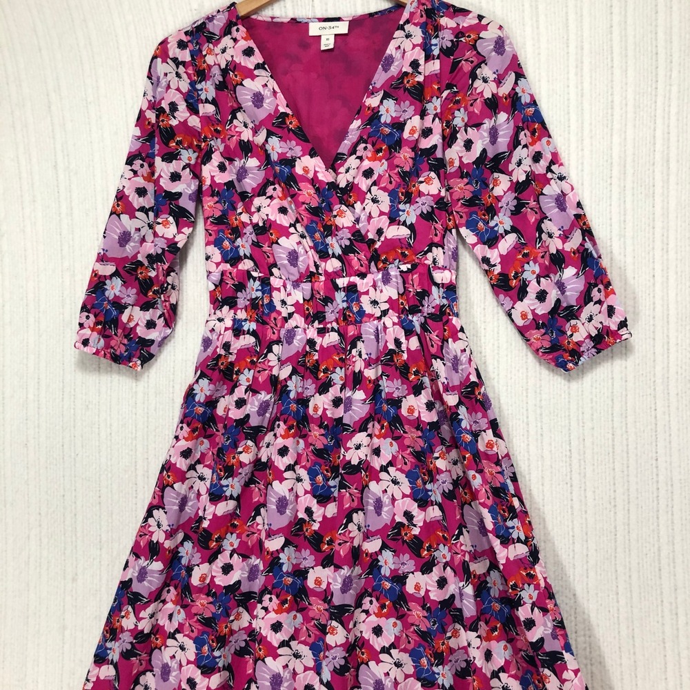 ON-34TH XS‎ Floral Print 3/4 Sleeve V-Neck Midi Dress Pink Purple Casual